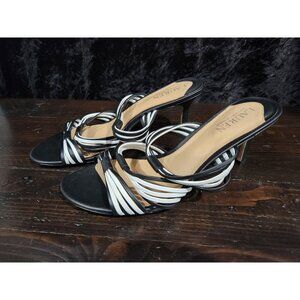 LAUREN RALPH LAUREN Lorraine Striped Black Leather Heeled Sandals/Sz. 9B